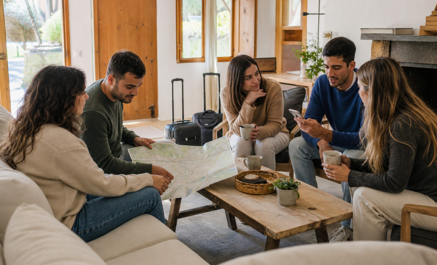Cinco amigos revisando el plan del fin de semana junto a sus maletas
