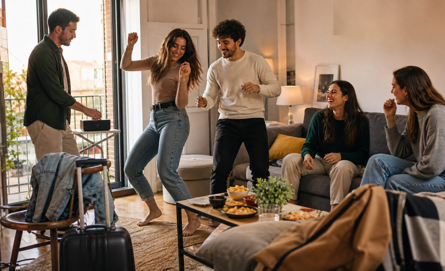 Cinco amigos bailando y charlando durante una tarde relajada en una casa