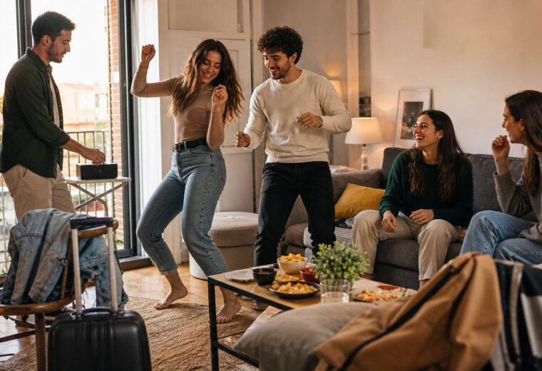 Cinco amigos bailando y charlando durante una tarde relajada en una casa