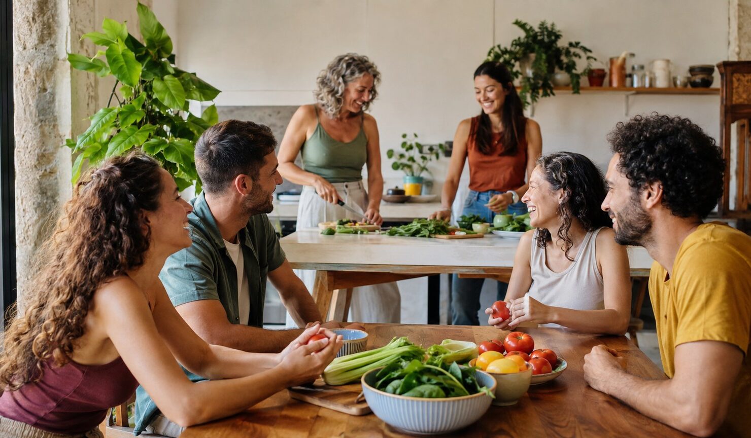 Seis amigos participan a distintos ritmos en un taller de cocina