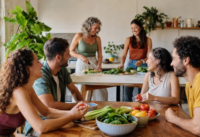 Seis amigos participan a distintos ritmos en un taller de cocina