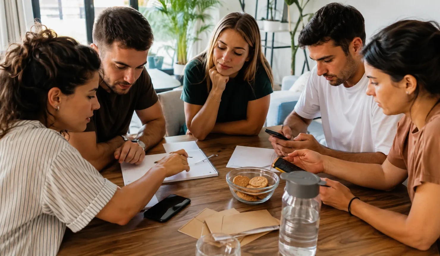 Cinco amigos revisan móviles, sobres y un cuaderno para ordenar los pagos de una despedida