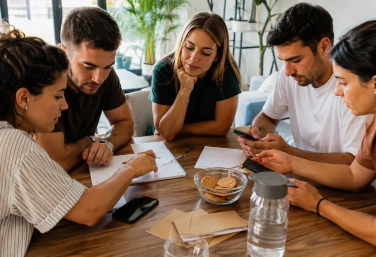 Cinco amigos revisan móviles, sobres y un cuaderno para ordenar los pagos de una despedida