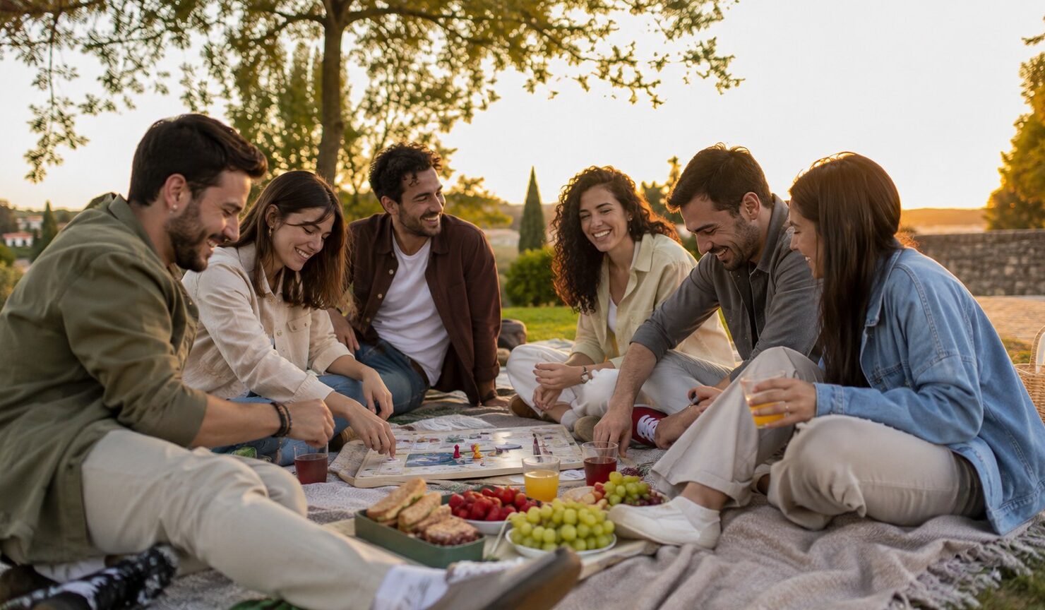 Seis amigos comparten juegos y merienda durante un picnic al atardecer