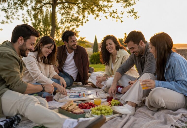 Seis amigos comparten juegos y merienda durante un picnic al atardecer