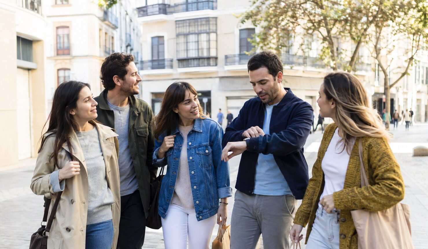 Cinco amigos pasean por una plaza durante una despedida de día