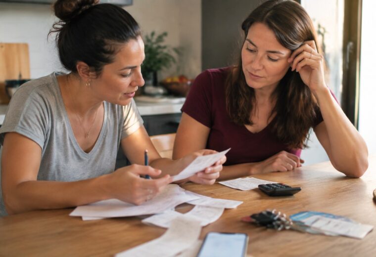 Dos amigas revisan recibos y gastos sobre una mesa de cocina