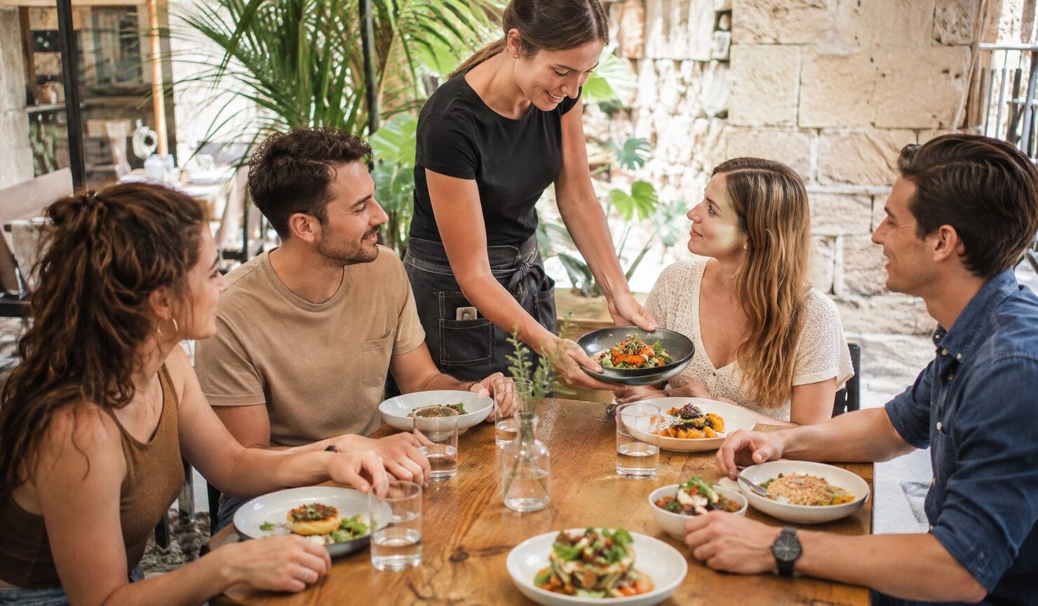 Un grupo de amigos recibe platos diferentes en una comida compartida