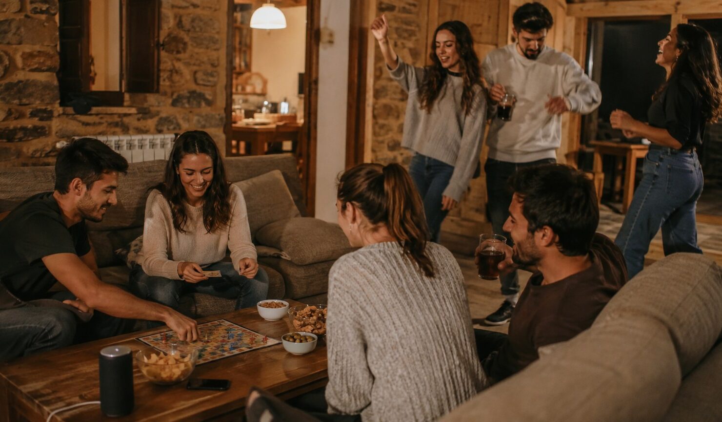 Seis amigos charlan, juegan y bailan en el salón de una casa rural