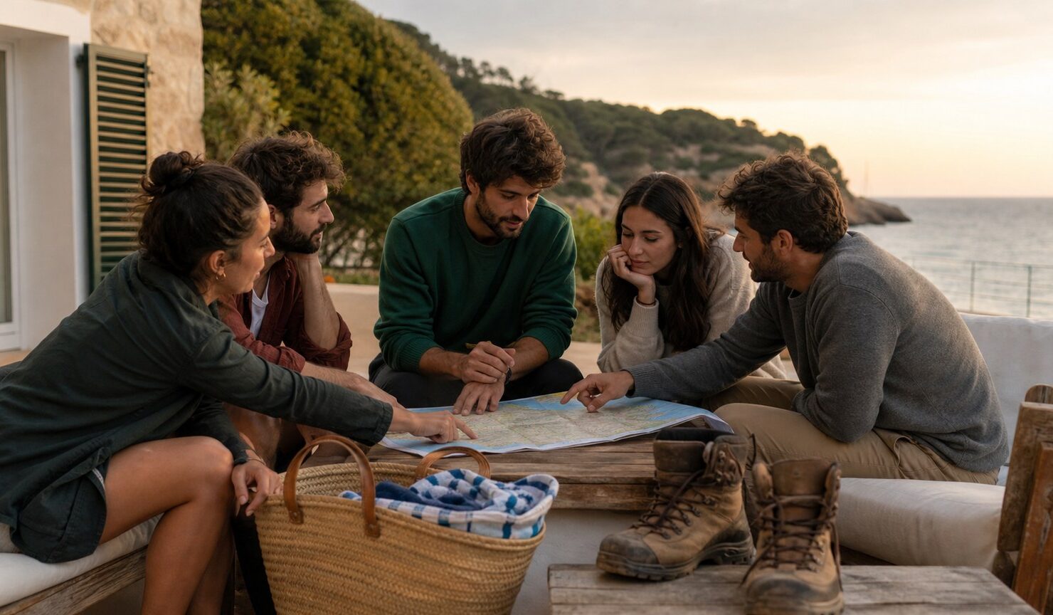 Cinco amigos conversan ante un mapa en la terraza de una casa junto al mar