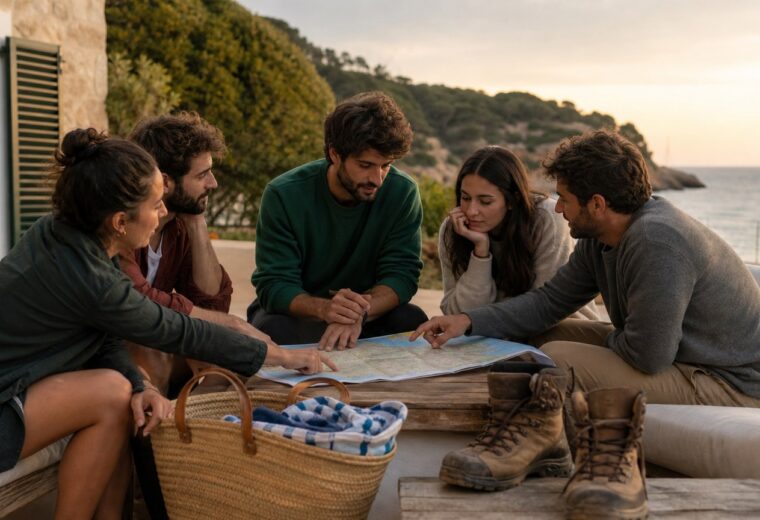 Cinco amigos conversan ante un mapa en la terraza de una casa junto al mar