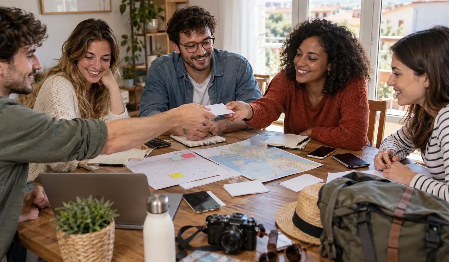 Cinco amigos reparten tarjetas de tareas alrededor de una mesa con calendario y objetos de viaje
