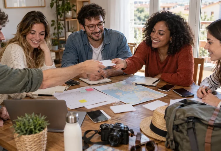 Cinco amigos reparten tarjetas de tareas alrededor de una mesa con calendario y objetos de viaje