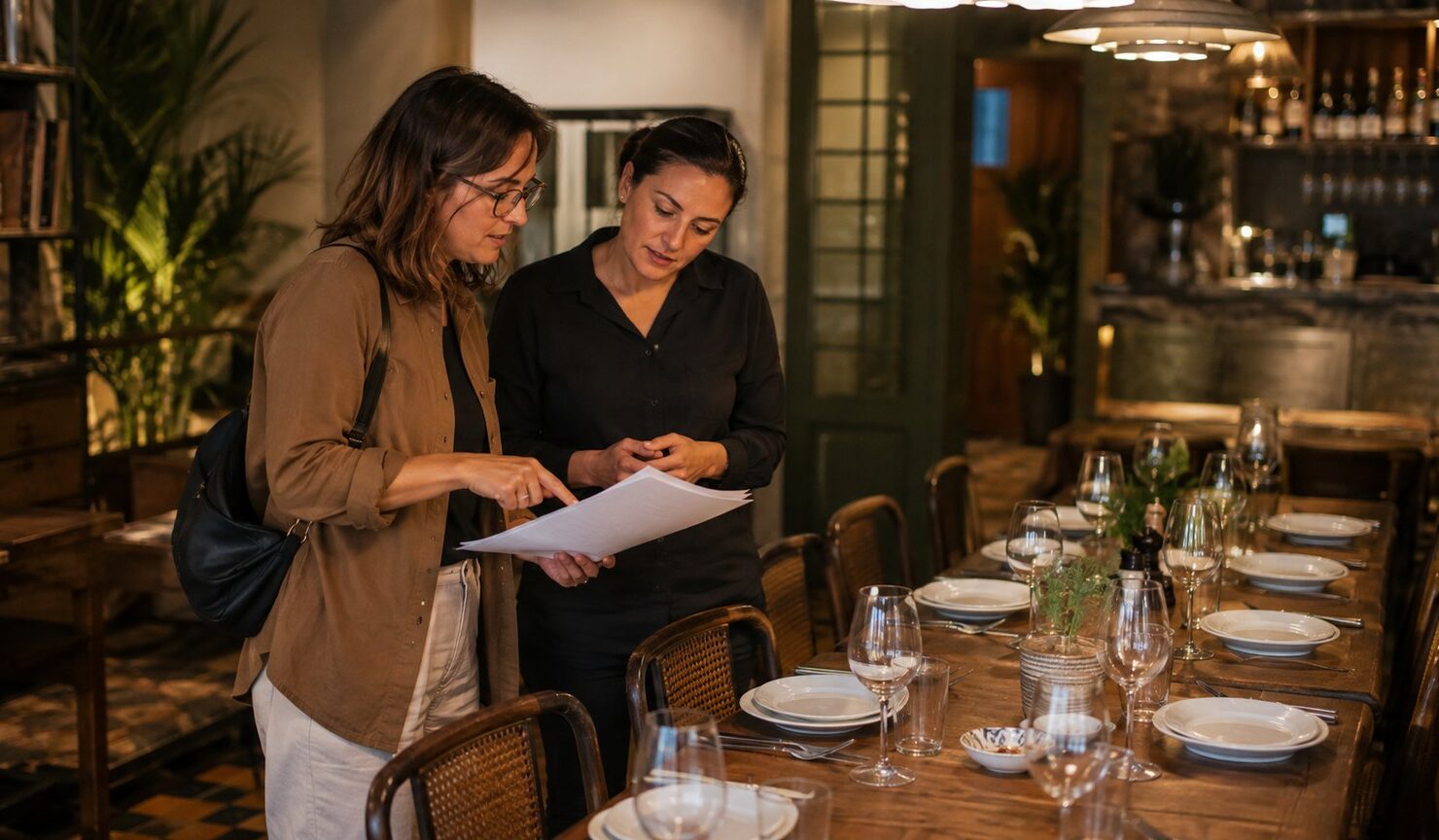Una organizadora revisa con la responsable de un restaurante una mesa para el grupo
