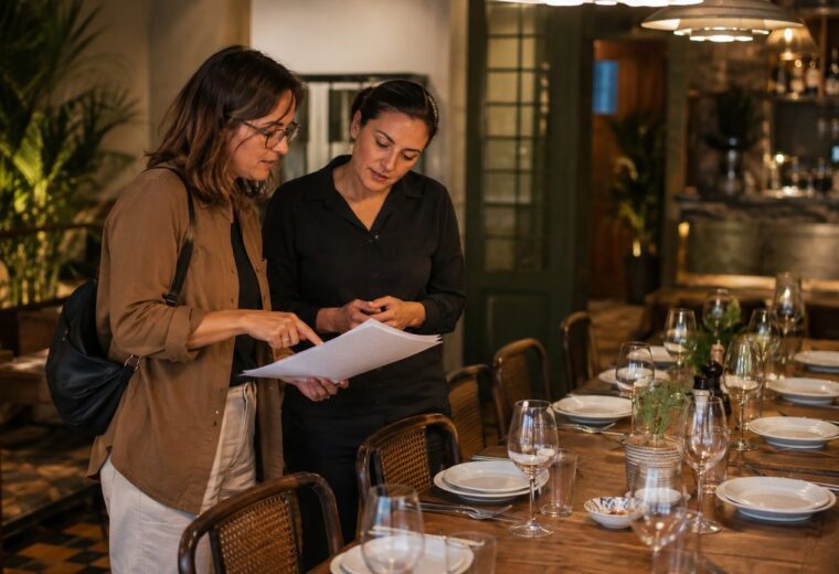 Una organizadora revisa con la responsable de un restaurante una mesa para el grupo