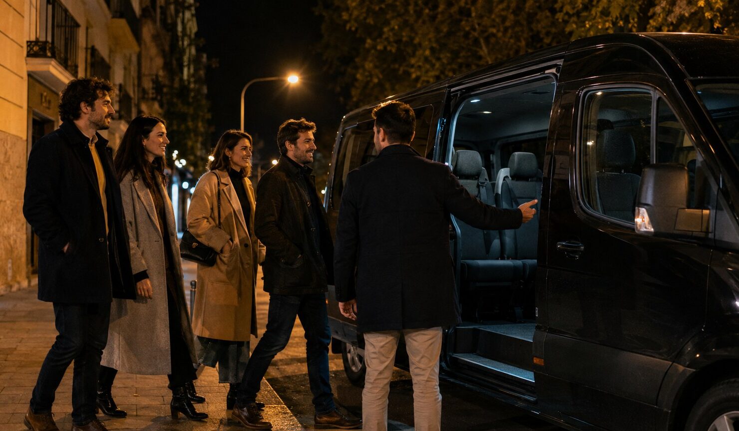 Un grupo de amigos sube de noche a un transporte reservado