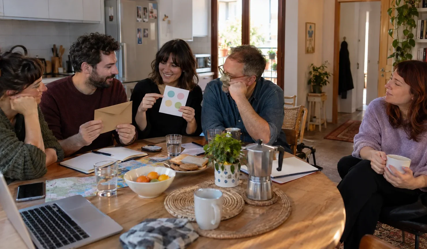 Cinco amistades conversan alrededor de una mesa con un sobre cerrado y opciones visuales sin texto