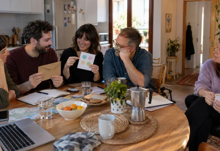Cinco amistades conversan alrededor de una mesa con un sobre cerrado y opciones visuales sin texto