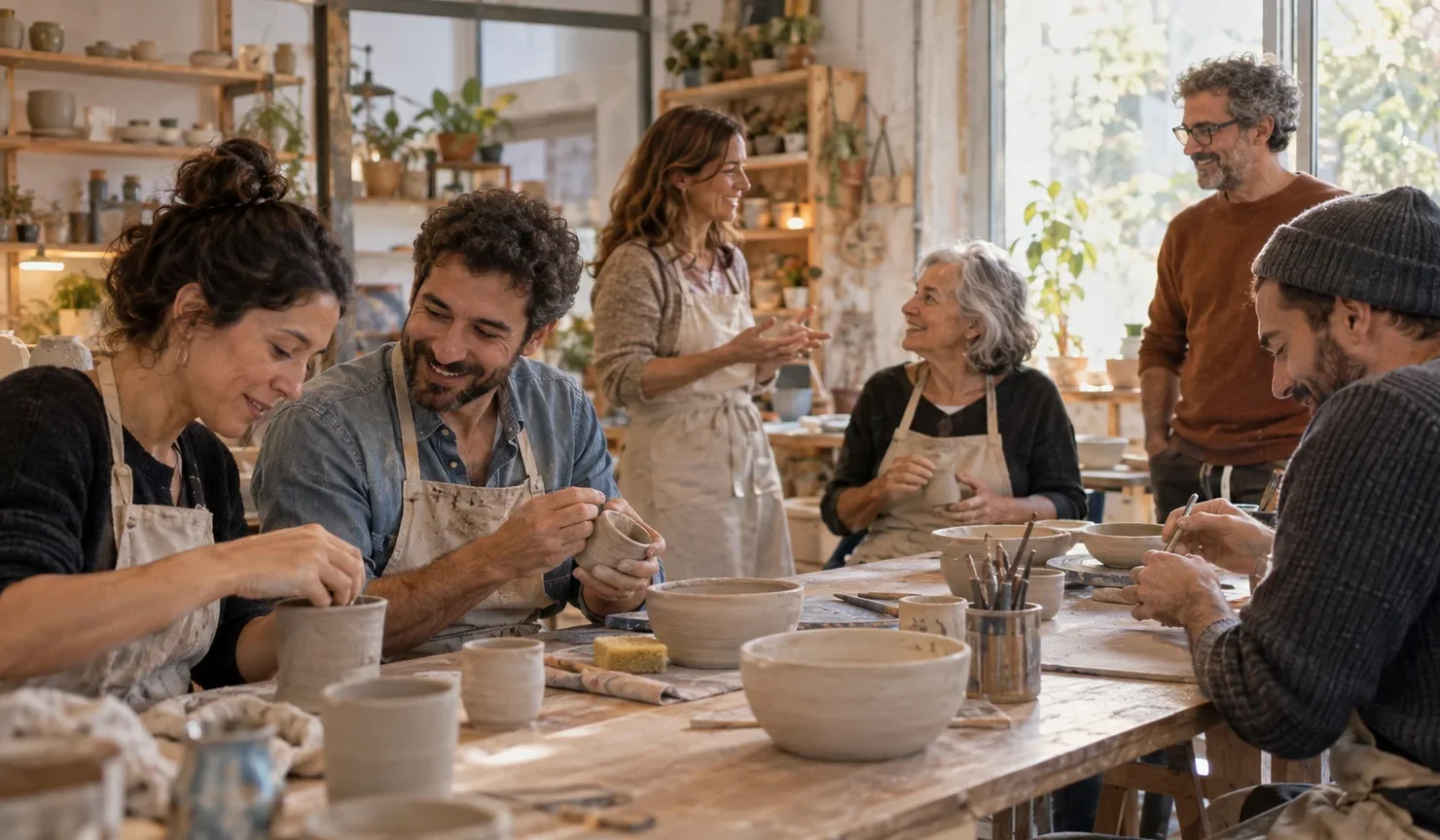 Un grupo diverso conversa mientras comparte un taller de cerámica alrededor de una mesa