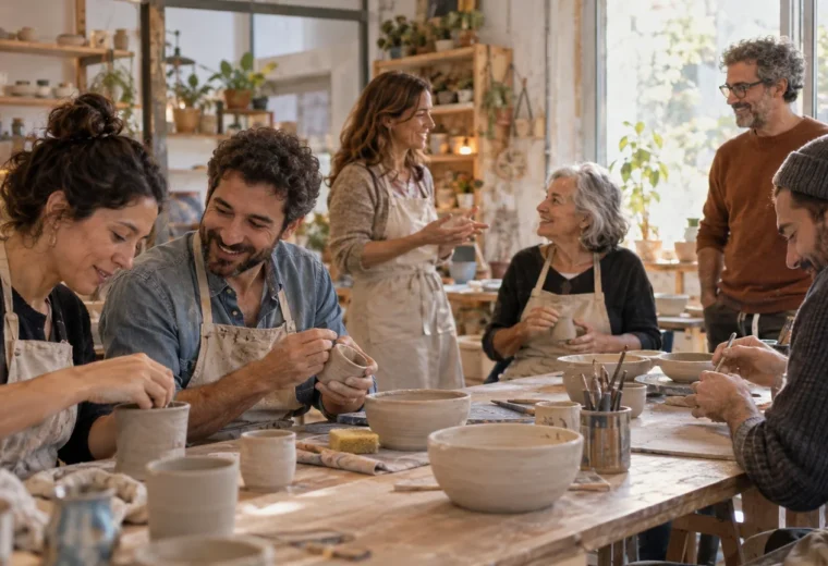 Un grupo diverso conversa mientras comparte un taller de cerámica alrededor de una mesa